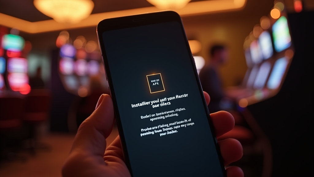 An Android device installing an APK with a permissions prompt on a dark casino background