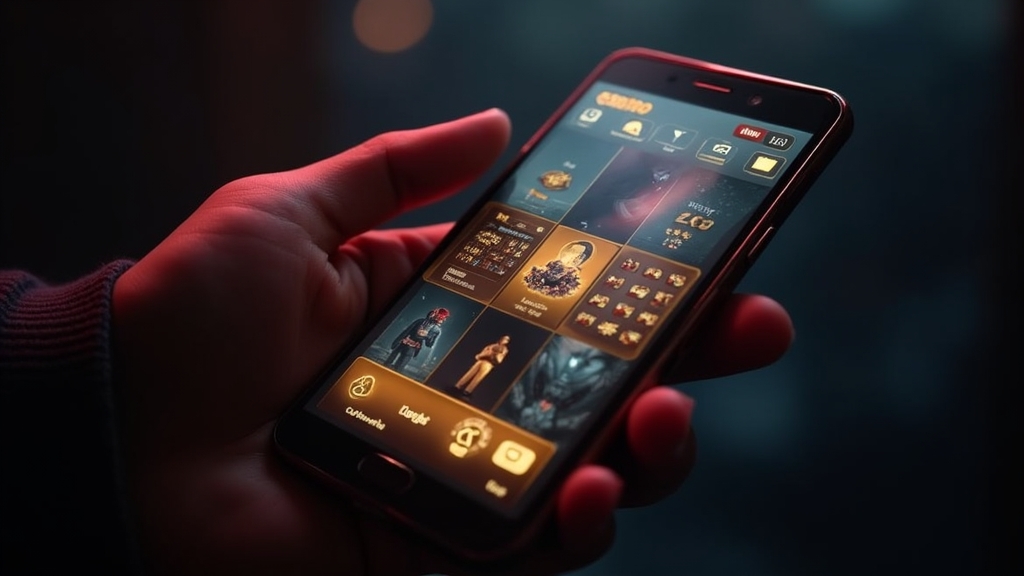 A smartphone showing a sleek mobile casino app in a dark gold-lit lobby