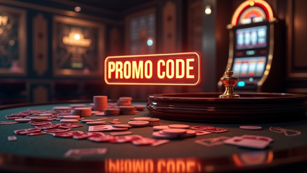Glowing bonus code screen above casino chips and a roulette table in a dark lounge