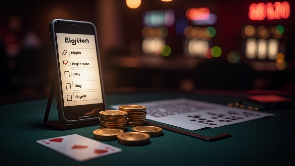 Casino eligibility checklist with registration screen and chips in a dark setting