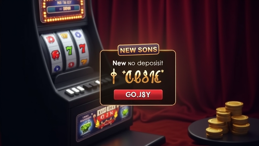 A no deposit bonus popup glowing beside a slot machine in a dark casino setting