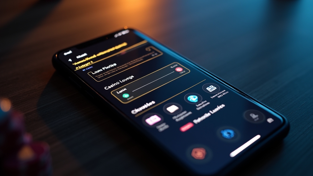 A smartphone login screen with compatibility icons in a dark casino setting
